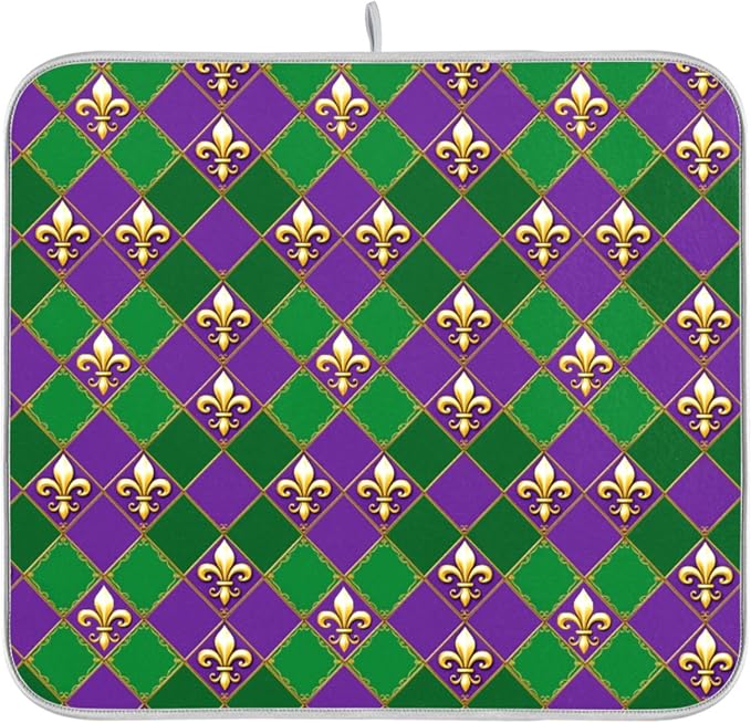 Happy Mardi Gras Purple Green Dish Drying Mat for Kitchen Countertop 16x18 Fleur de Lis Buffalo Plaid Small Drying Mat Reusable Quick Dry Dish Sink Mats Easy Clean Decorative Essentials