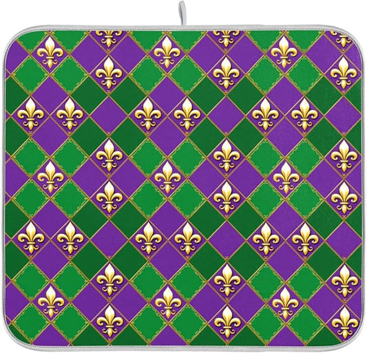 Happy Mardi Gras Purple Green Dish Drying Mat for Kitchen Countertop 16x18 Fleur de Lis Buffalo Plaid Small Drying Mat Reusable Quick Dry Dish Sink Mats Easy Clean Decorative Essentials