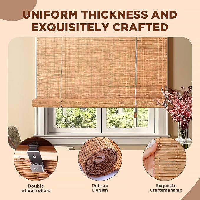 Bamboo Blinds for Interior Windows, 42"W X 63"H Bamboo Roller Shades Indoor | Roll Up Shades Light Filtering for Outdoor Patio, Decks, Porch, Backyards Natural Bamboo Material, Easy to install