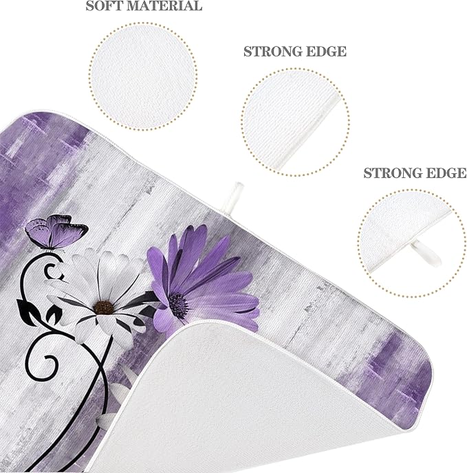 Floral Dish Drying Mat 18x24 Inches For Kitchen Counter Purple Daisy Flower Kitchen Decoration Drying Mat Modern Decorative Drying Pad For Home Kitchen Decor,Dining Room,Office Decor