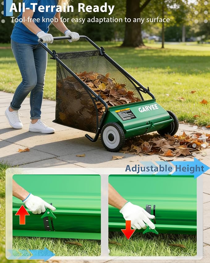Garvee Push Lawn Sweeper,26-Inch Width Enhanced 4-Brush System with Large 7 cu. ft. Hopper Bag, Ideal for Yard and Garden Cleanup, Green | Brush Height Adjustment, All-Terrain Suitable, 7 cu.ft Hopper Bag, Durable Steel Frame, Easy Setup, Compact & Spa...