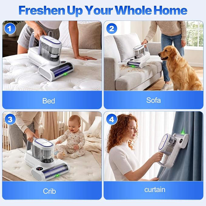 Misshappy Mattress Vacuum Cleaner - 16KPa Strong Suction Handheld Bed Cleaner with 253.7nm UV-C Sanitizing Light, Ultrasonic Module, Green Dust Visible Light, Dual Dust Cup Filtration 500W