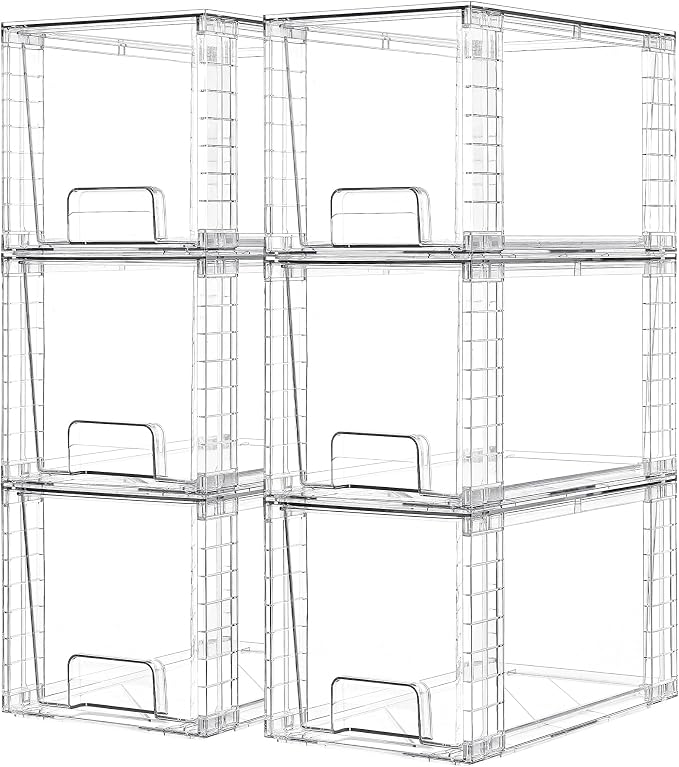 Vtopmart 6 Pack Large Stackable Storage Drawers,Easily Assemble Acrylic Bathroom Closet Undersink Organizers and Storage,Plastic Bins for Kitchen Cabinets,Pantry,Makeup,Medicine Organization