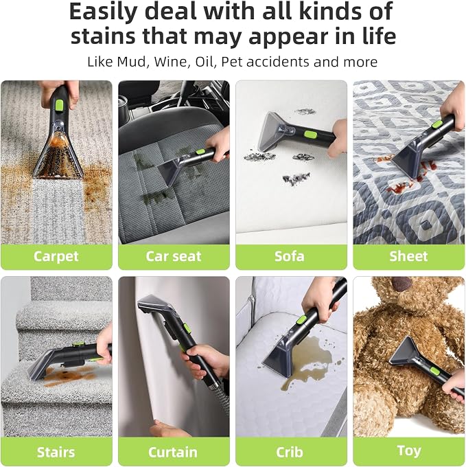 Slevoo 450W Portable Carpet Cleaner Machine with 1 Bottle Cleaning Solutions, Strong Suction Upholstery and Furniture Cleaner for Cleaning Stairs, Car Interiors, for Pet Footprint, Dust, Oil (Green)