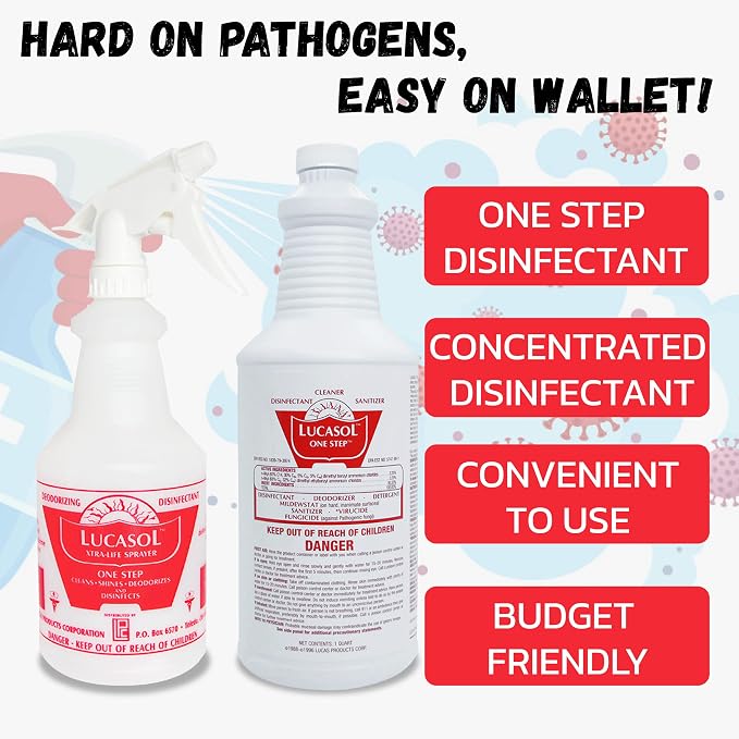 Lucasol One Step Disinfectant, 32 Fl Oz Disinfectant & 24 Oz Empty Refillable Spray Bottle Combo. Multi Purpose Cleaner Spray For Hospitals, Schools, Salons, Household Cleaning And More
