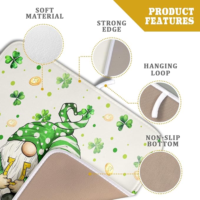 St Patrick's Day Gnome Dish Drying Mat 16x18 inch Lucky Shamrock Absorbent Reversible Dishes Drainer Rack Mat for Coffee Bar Kitchen Decor