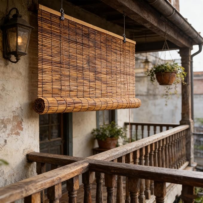 Weatherproof Patio Shades Roll Up Outdoor, 42" 53" 60" 65" 72" Reeds Bamboo Window Blinds, Light Filtering Balcony Privacy Screen and Garden Pergola Sun Protection(34" W x 54" H)