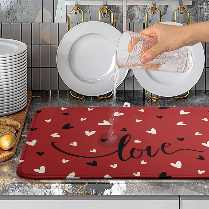 Valentine Dish Drying Mat for Kitchen Counter Valentines Day Red Black Love Heart Holiday Drying Mats Absorbent Microfiber Dish Draining Mat Extra Large Dish Rack Pad 18x24 Inch