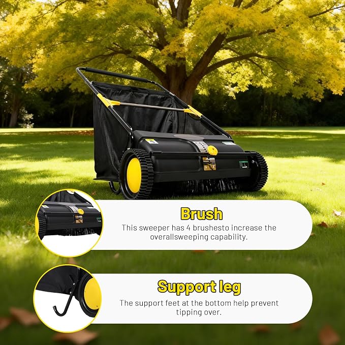 21 Inch Push Lawn Sweeper, Hand Powered Leaf & Grass Sweeper with 7 Cu Ft Hopper, 4 High-Speed Brushes, Height Adjustable, ABS & Steel Frame for Yard Lawn Cleanup (21 Inch Black)