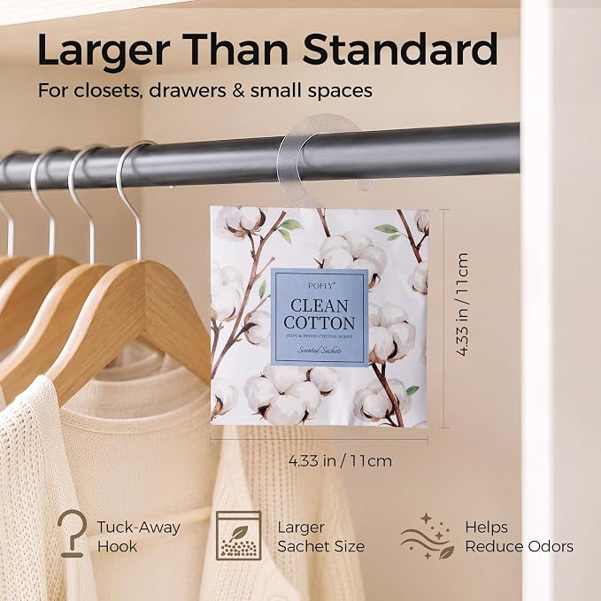 12 Pack Clean Cotton Scented Sachets, Air Freshener for Small Spaces | Hanging Sachet Bags with Retractable Hook; Closet Deodorizer & Odor Eliminator for Drawers, Shoe Cabinets, Cars & Luggage