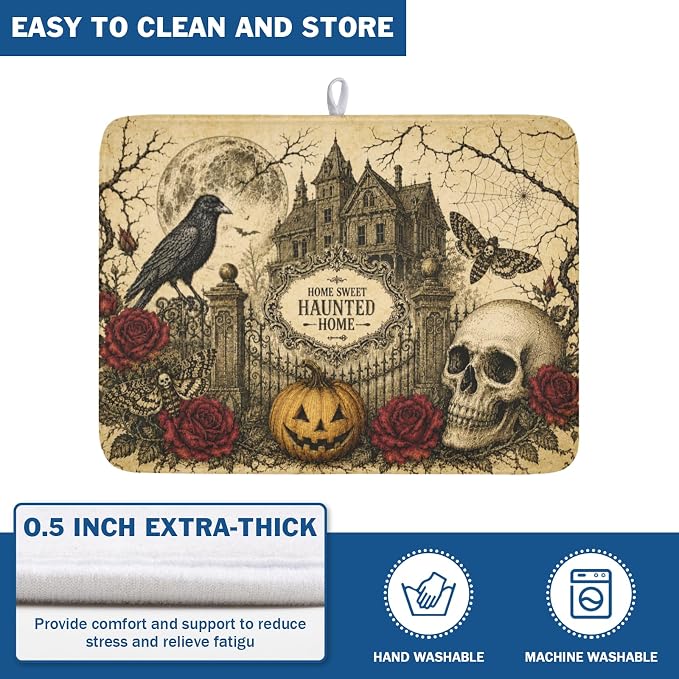 Halloween Pumpkin Dish Drying Mat for Kitchen Counter 18 x 24 Inch Ghost Castle Dish Drainer Mat Absorbent Microfiber Rose Skull Crow Dish Rack Pad for Coffee Dining Bar Decor