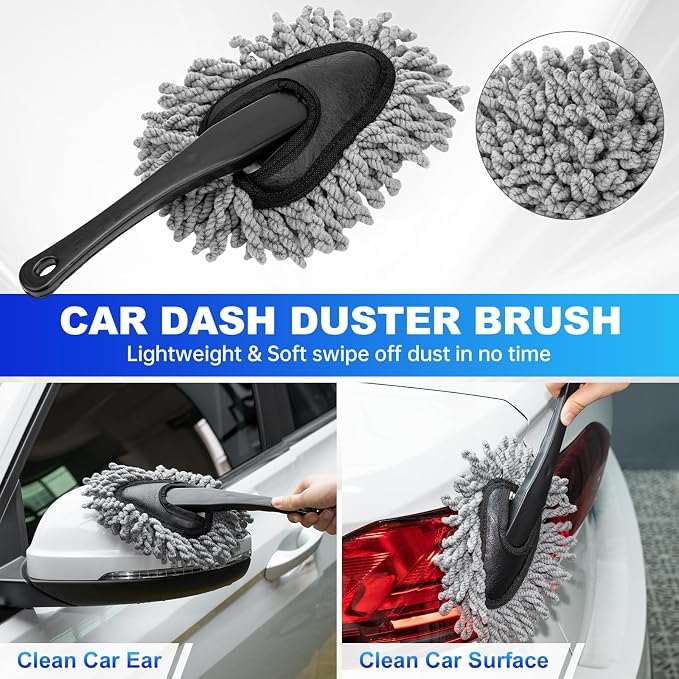 THINKWORK Windshield Cleaner Tool, Detailing Kit Interior with Brush Set | 180 Degree Rotating Head, Replaceable Microfiber Pads, Streak Free, Storage Bag, Gray Car Cleaning Accessories, Gift, 20Pcs