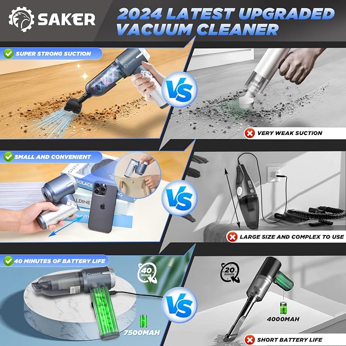 Saker Handheld Car Vacuum Portable Cordless17000Pa HL132 Silver | Small Car Vacuum with Brushless Motor,Air Duster Blower,Rechargeable Foldable Vacuum Cleaner,for Home, Office Pet