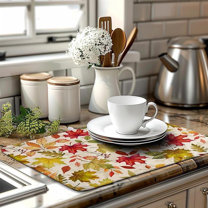 Fall Maple Leaves Dish Drying Mat for Kitchen Counter 18 x 24 Inch Autumn Thanksgiving Absorbent Reversible Microfiber Dish Draining Mat Washable Dish Drainer Rack Mat for Coffee Bar