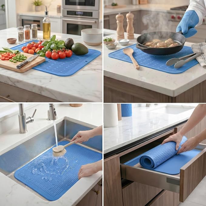 MicoYang Silicone Dish Drying Mat for Multiple Usage,Easy clean,Eco-friendly,Heat-resistant Silicone Mat for Kitchen Counter or Sink,Refrigerator or Drawer Liner Lichen BlueL 2XL 24 inches x 18 inches