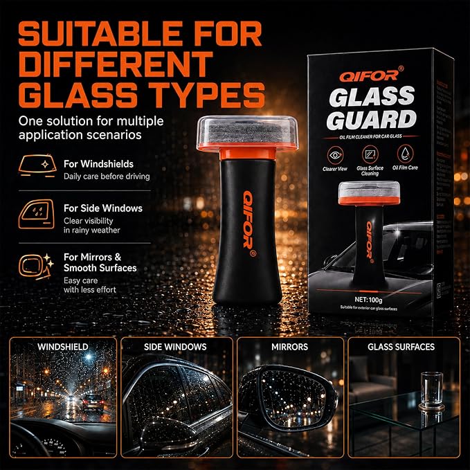 QIFOR Oil Film Remover for Car Windshields and Windows | Automotive Glass Cleaner for Oil Residue & Road Grime, Improves Visibility & Safe Driving (1 PCS)