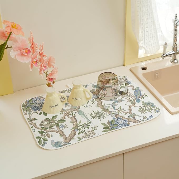 Blue Green Floral Bird Dish Drying Mats 18x24 Inch Blue Green Vintage Flowers Bird Chinoiserie Decorative Drying Mats Outdoor Kitchen Decor Coffee Bar Mat for Kitchen Dining Room