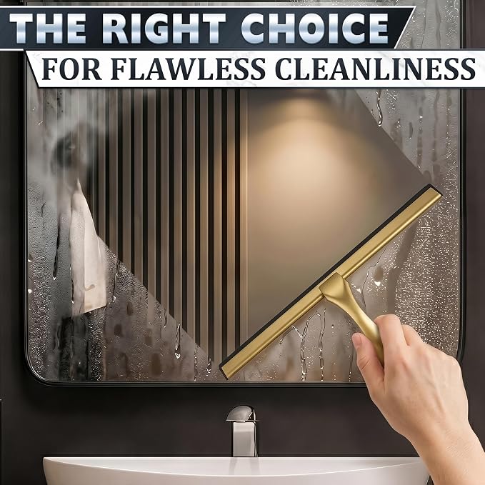 Gold Squeegee for Shower Glass, 14" Silicone Blade, Stainless Steel | Shower Door Squeegee with Hook, Adhesive Mount; All-Purpose Bathroom Tile, Mirror, & Window Wiper for Streak-Free Cleaning