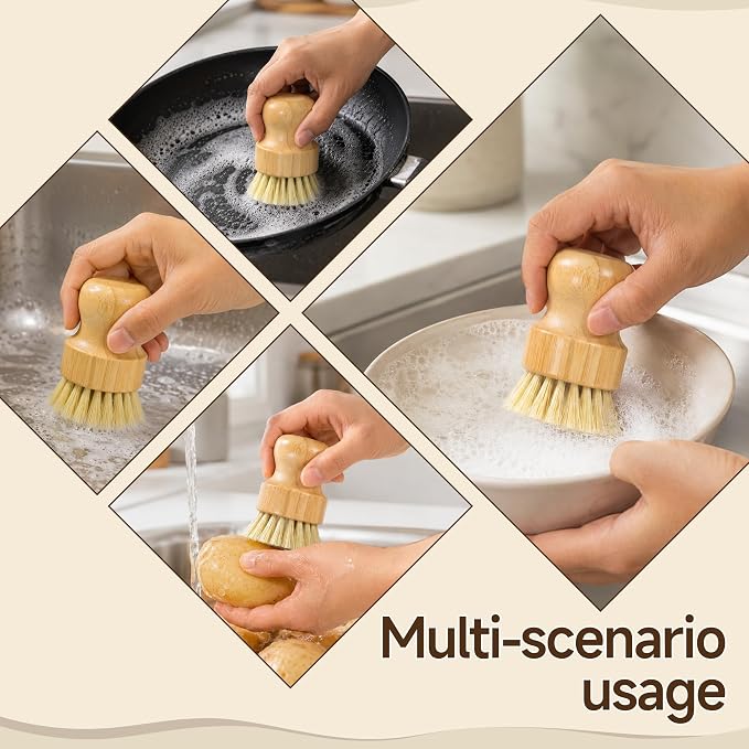 SAMEBUTECO 5 Piece Bamboo Dish Brush Set,11.5’’ Long Handle Bottle Brush with Sisal Bristles, 3 Pot Brushes,1 Replaceable Heads, Natural Kitchen Brush for Pot,Pans,Sink,Vegetables