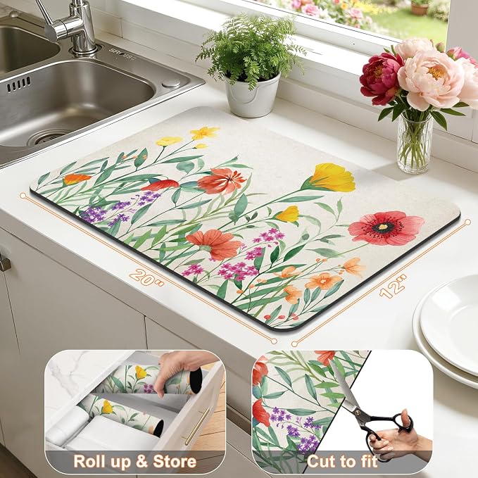 LOKHOM Dish Drying Mat for Kitchen Counter, 12"x20" Absorbent Coffee Bar Mat with Spring Floral, Dish Drainer Rack Mat for Kitchen Counter Coffee Maker, Dining Room Decoration