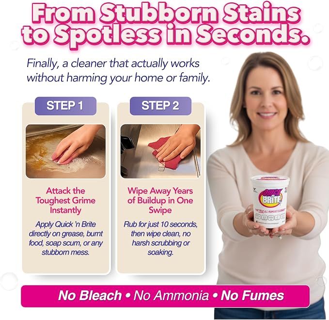 Quick 'n Brite All Purpose Cleaning Paste – Miracle Cleaner for Tough Stains | Eco-Friendly, Non-Toxic, Pet-Safe | Multi-Surface Stain Remover | Made in USA, 32oz (Pack of 2)