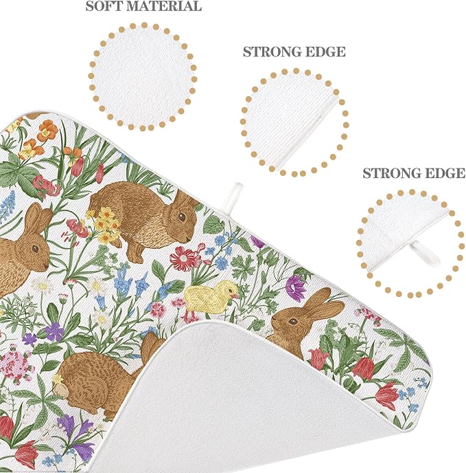 Spring Dish Drying Mat 18x24 Inch Easter Rabbit Bunny Floral Drying Mat Sage Green Wildflower Holiday Absorbent Dish Drying Pad Dish Rack Drainer Mats for Kitchen Dining Counter