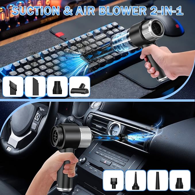 KMM Handheld Car Vacuum Cleaner, Hand Held Vacuum Cleaner & Air Duster | 16000PA Strong Suction, 120W High Power, Portable & Rechargeable, LED Light, Multi-Nozzles for Home, Car, Office, Pet