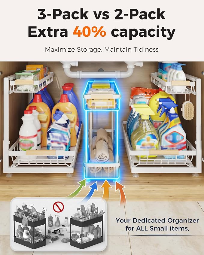 Sevenblue 3 Pack Under Sink Organizer, Height Adjustable 2 Tier Pull-Out Metal Under Kitchen Sink Organizer, Multi-Purpose Storage Shelves for Kitchen Bathroom Cabinet, White