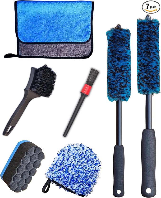 oesee 7PCS Car Wheel Rims Detail Cleaning PRO Wash Kit, Wheel Wash Mitt, Tire Brush, 2PCS Soft Wheels Brush, Detailing Brush, and Tire Dressing Pads, Microfiber Dry Towel Scratch-Free Cleaning
