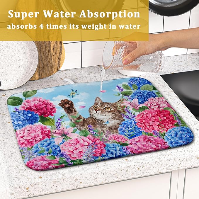 Hydrangea Floral Dish Drying Mat Cute Cat Microfiber Absorbent Dish Drying Pad for Kitchen Counter 16 X 18