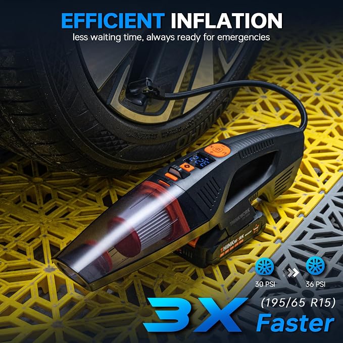 THINKWORK 20V Car Vacuum & Air Inflator, Dual Function High Power Handheld Cordless Vacuum with 18000pa Suction Power for Car Cleaning, Household Dust Removal, Inflation