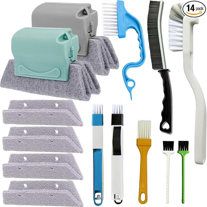 CRAFNEW 14Pcs Window Track Cleaning Tools, Groove Gap Cleaning Brush Kit | Crevice cleaner for window tracks, sliding doors, tile grout, AC vents, keyboards, window sills, shower tracks, car air vents