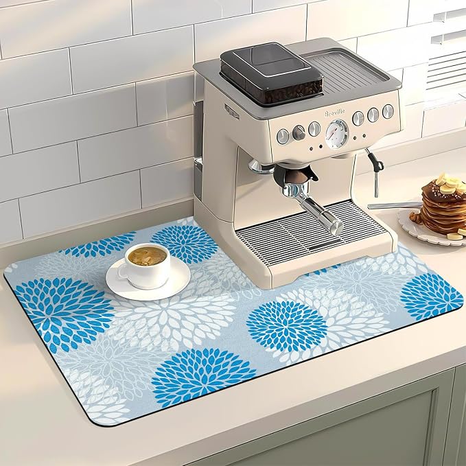 Dish Drying Mat, Dish Mat Drying Kitchen Mat with Rubber Backed, Hide Stain Kitchen Super Absorbent Draining Mat, Easy to Clean Dish Rack Pad for Dishes Countertop (Blue Floral, 16" x 24" )