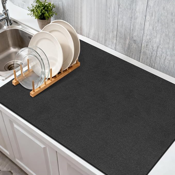 Findosom Dish Drying Mat, 16"x 24" Super Absorbent & Hide Stain Coffee Mat, Cuttable Drying Mat for Kitchen Counter, Coffee Bar Accessories, Under Dish Rack, Coffee Maker, Espresso Machine, Black-2