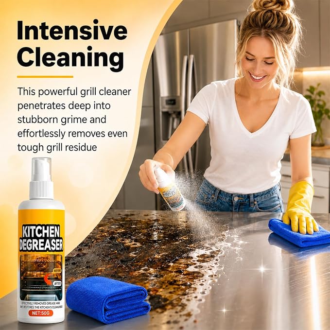GreaseKiller BBQ Grill Cleaner Spray, Heavy Duty Kitchen Degreaser Foaming Spray, Outdoor Grill Degreaser for BBQ Grate, Oven, Range Hood, Smokers, Removes Caked-On Grease & Baked Food Residues(2PCS)