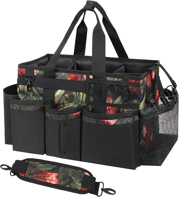 SCAVATA Wearable Cleaning Caddy, Cleaning Caddy Supplies Organizer with Handle & Shoulder Straps for Housekeepers, Under Sink & Car Cleaning Tool Organizers Bag with 4 Foldable Divider (GreenBush)