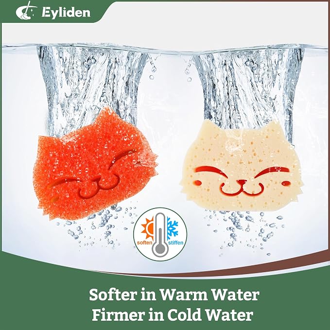 Eyliden 6 Pack Scrub Sponge, Dual-Sided, Smart-Temp Firmness, Dish Scrubber | Non-Scratch, Multi-Surface Safe Cleaning Sponges for Kitchen, Bathroom, Dish Scrubbing, Cute Cat Smile Design