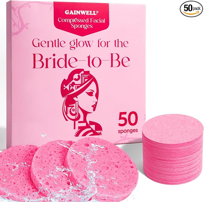 GAINWELL Bride to Be Gifts, 50-Count Compressed Facial Sponge, Daily Facial Cleansing and Exfoliating, 100％ Natural Cosmetic Spa Sponges for Makeup Remover, Reusable, Pink