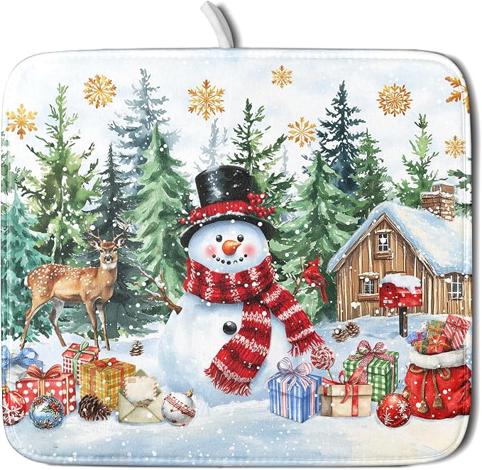 Christmas Kitchen Drying Mat 16 x 18 Inch Winter Snowflake Drying Pad Snowman and Tree Pattern Absorbent Reversible Microfiber Mats Dish Rack Pad Drainer Mat for Coffee Bar Decor