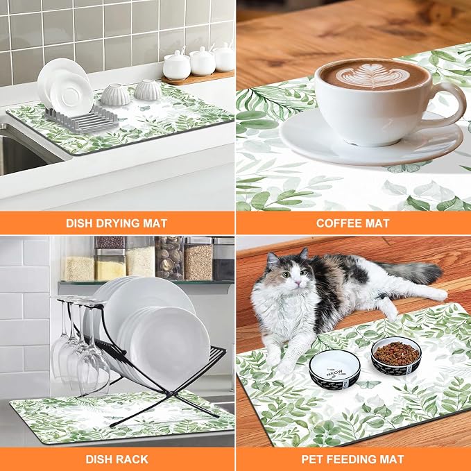 LOKHOM Dish Drying Mat for Kitchen Counter, 18"x24" Absorbent Mat with Green Plant & Butterfly Pattern, Drain Rack Mat for Counter Coffee Maker, Dining Room Decor