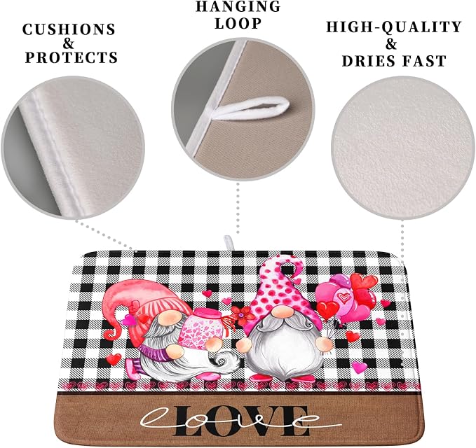 Valentine's Day Dish Drying Mats for Kitchen Counter, Gnome Love Kitchen Drying Mat, Buffalo Plaid Dish Drainer Mat Absorbent Quick Dry Dishes Pad 18 x 24 In - Farmhouse Decor Valentines Gift