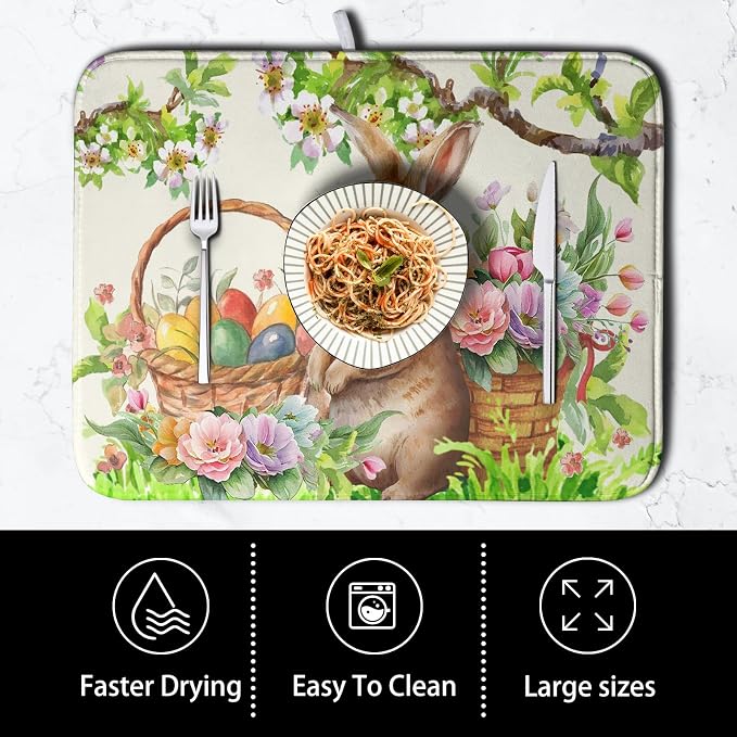 Happy Easter Bunny Kitchen Dish Drying Mat for Dishes 18x24 Inch Spring Colorful Floral Flower Basket Drying Mats Easter Eggs Dish Drainer Mat Super Absorbent Dish Rack Pad for Coffee Bar Sinks