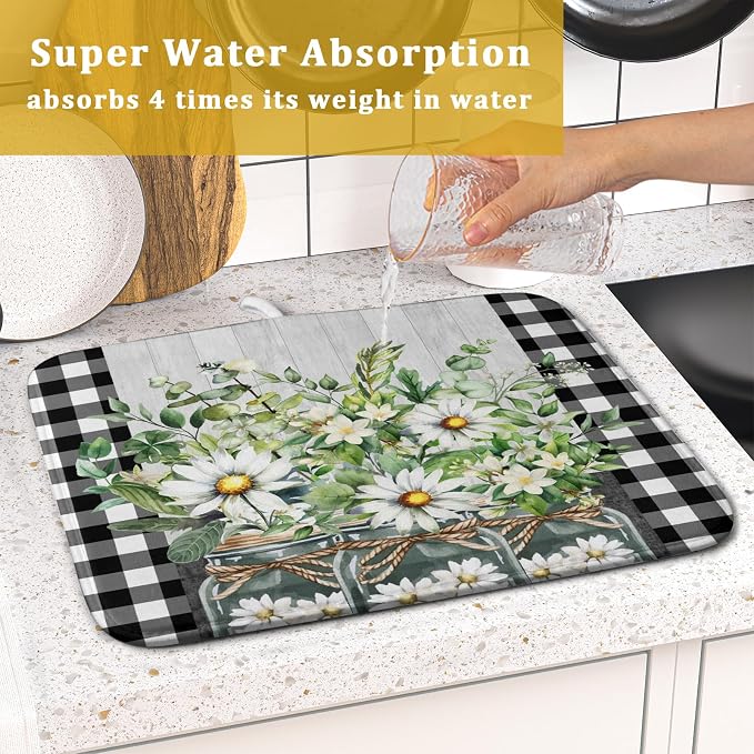 Spring Summer White Daisy Flowers Dish Drying Mat for Kitchen Counter Daisy Spring Flowers Dish Drying Mat 16x18 Inch Absorbent Reversible Microfiber Protector Drainer Mat Dishes Pad for Countertops