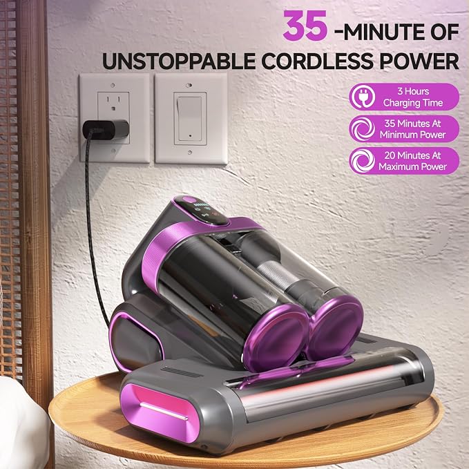 Mattress Vacuum Cleaner - 16Kpa Bed Vacuum with 253.7nm UV-C Light, 140°F Heat, Ultrasonic Tech & Hepa Filter, Portable Handheld Couch Cleaners for Pet Carpet Sofa Hair Home, Purple-Cordless