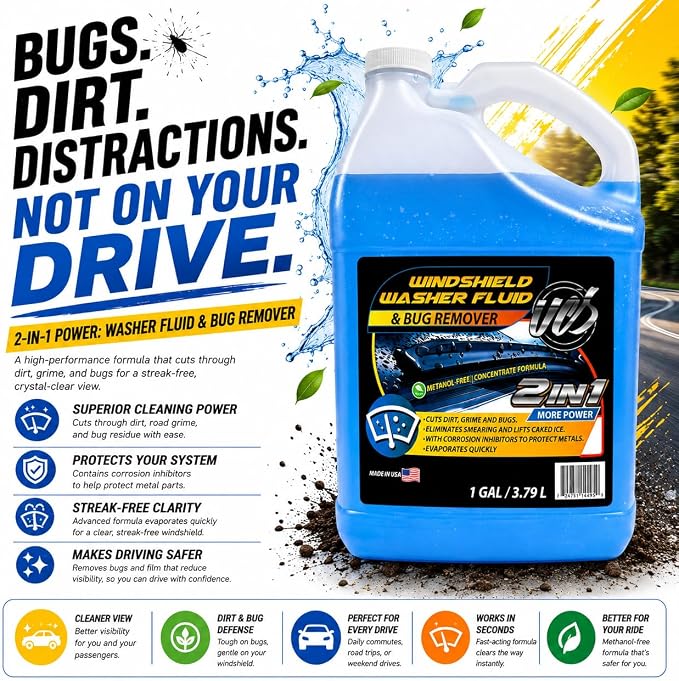 UCS Windshield Washer Fluid 2-in-1 Bug Remover – Ready to Use Formula – Streak-Free Cleaning – Removes Dirt & Road Grime – 1 Gallon (128 fl oz) Methanol-Free