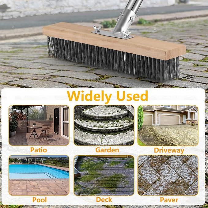 Stainless Steel Deck Brushes for Scrubbing Heavy Duty, 65" Deck Scrub Brush with Long Handle - Concrete Scrub Brush Stiff Metal Bristle Concrete Brush for Cleaning Moss Patio Garage Garden Pool Floor