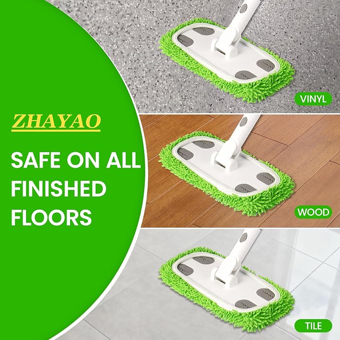 Reusable Microfiber Floor Mop System, Wet & Dry Sweeper Kit | Includes 1 Sweeper Handle, 3 Washable Chenille Mop Pads, Dry & Wet Use for Hardwood, Tile, and Laminate Floor