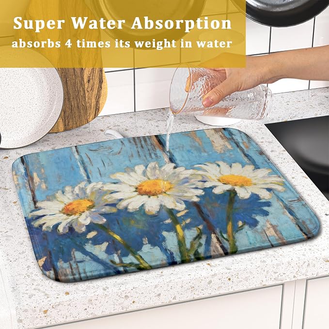 Daisy Dish Drying Mat Small for Kitchen Counter 16x18, Spring Summer Cute Flower Decorative Absorbent Reversible Microfiber Kitchen Countertop Protector Dishes Drainer Pad