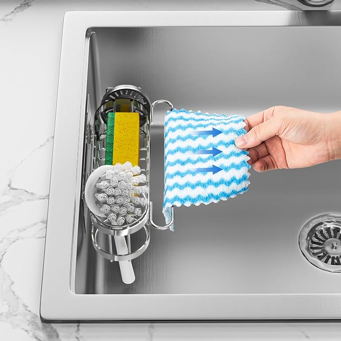 Cisily Kitchen Sink Caddy Sponge Holder in The Sink, Stainless Steel Kitchen Sink Organizer, Brush Holder, Dish Cloth Hanger, Sink Stopper Holder (Hanging-Silver)