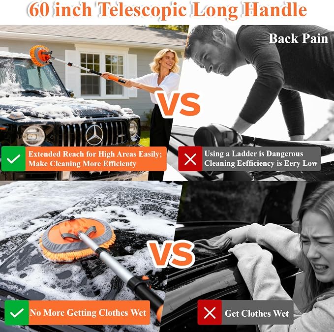 10Pcs 60" Car Wash Kit with Long Handle, Soft Extendable Car Wash Brush & Mop, Wheel & Tire Brush, 2-in-1 Window Squeegee, Microfiber Towel & Wash Mitt for Cars, SUVs, Trucks Exterior Cleaning